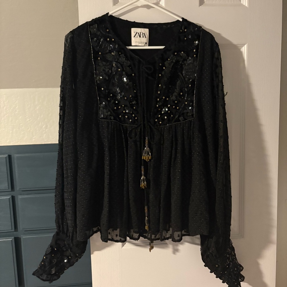 Zara Black Sequin Embellished Blouse - Picture 12 of 16